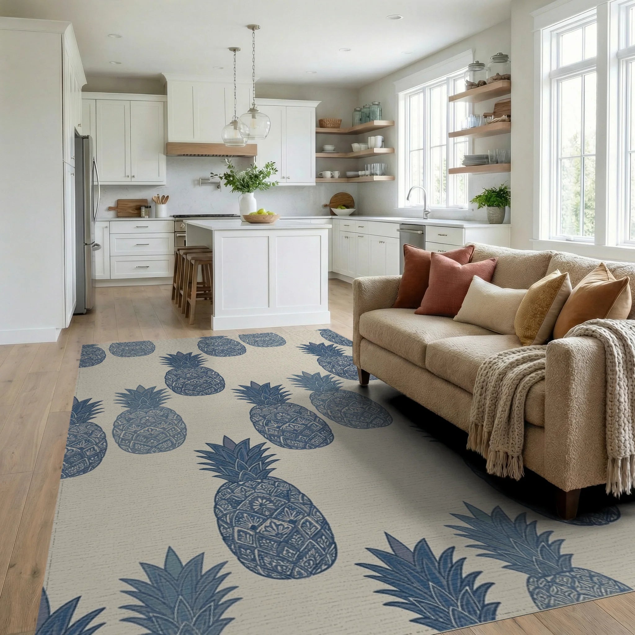 Navy Blue Ornate Pineapple Repeat Rug Living Room View
