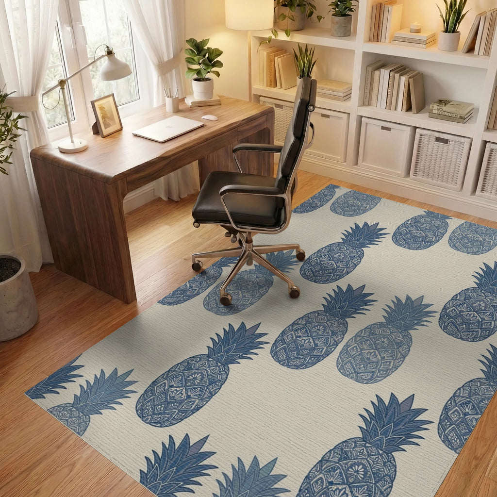 Navy Blue Ornate Pineapple Repeat Rug Office View