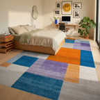 Navy Blue Purple Orange Block Rug - Bedroom View