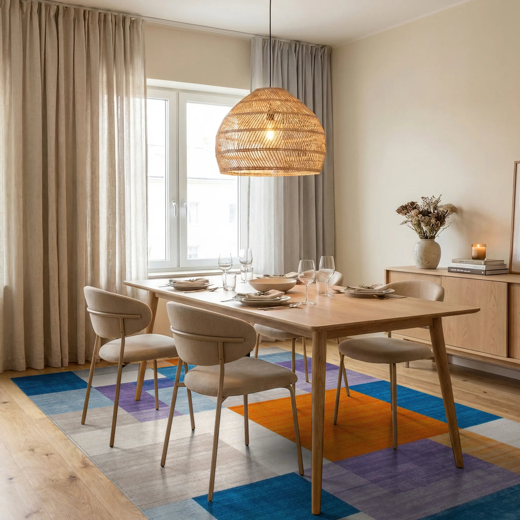 Navy Blue Purple Orange Block Rug - Dining Room View