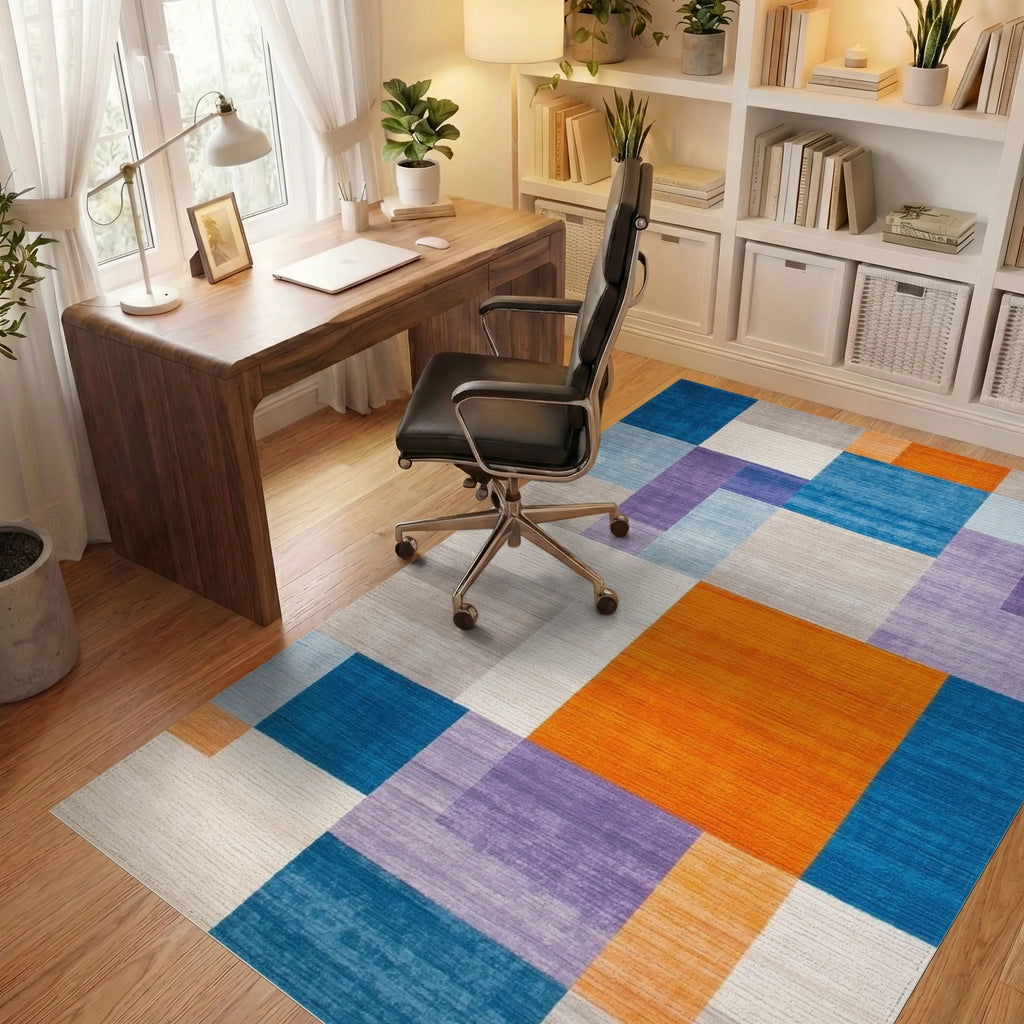 Navy Blue Purple Orange Block Rug - Office View