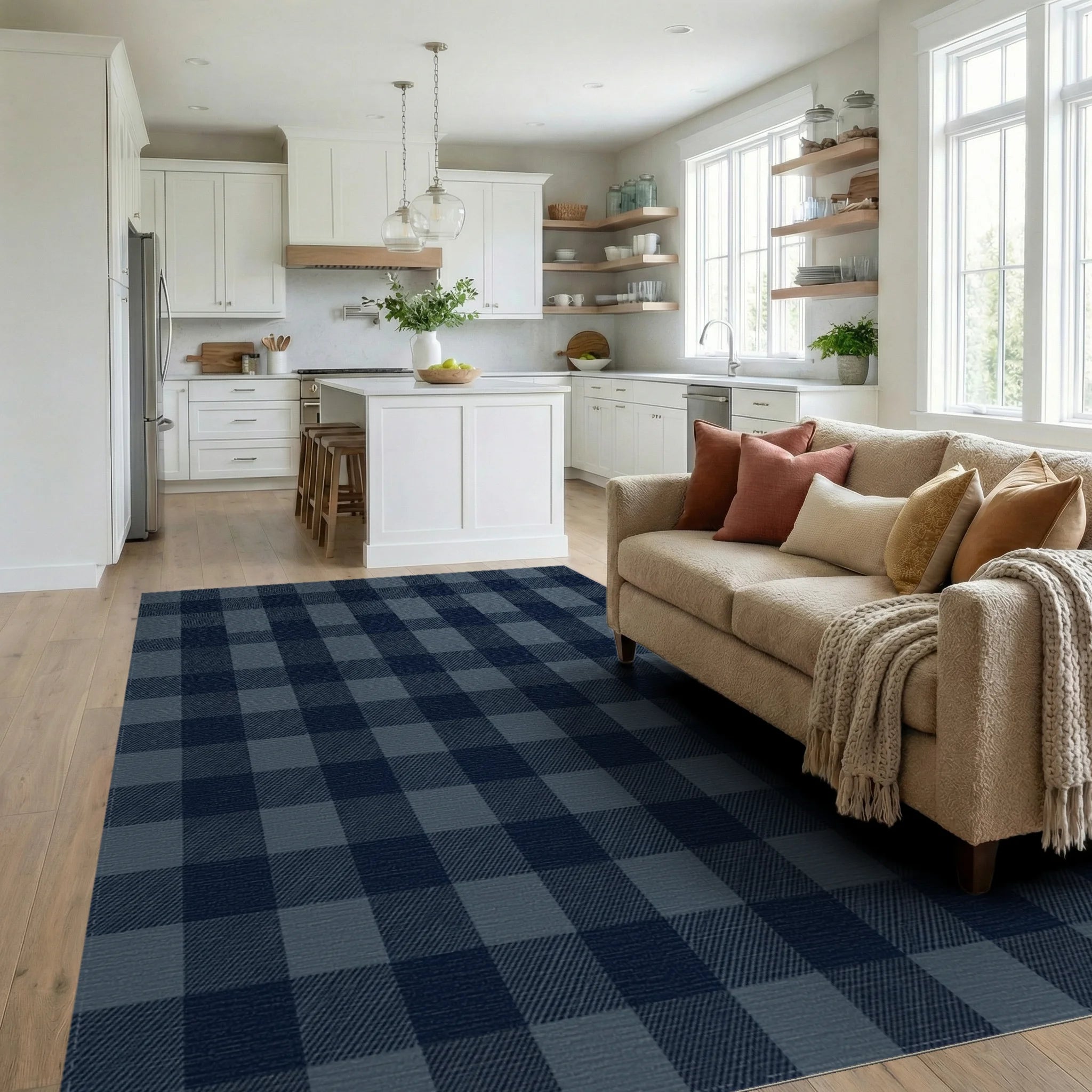 Navy Blue Tonal Plaid Check Rug Living Room View