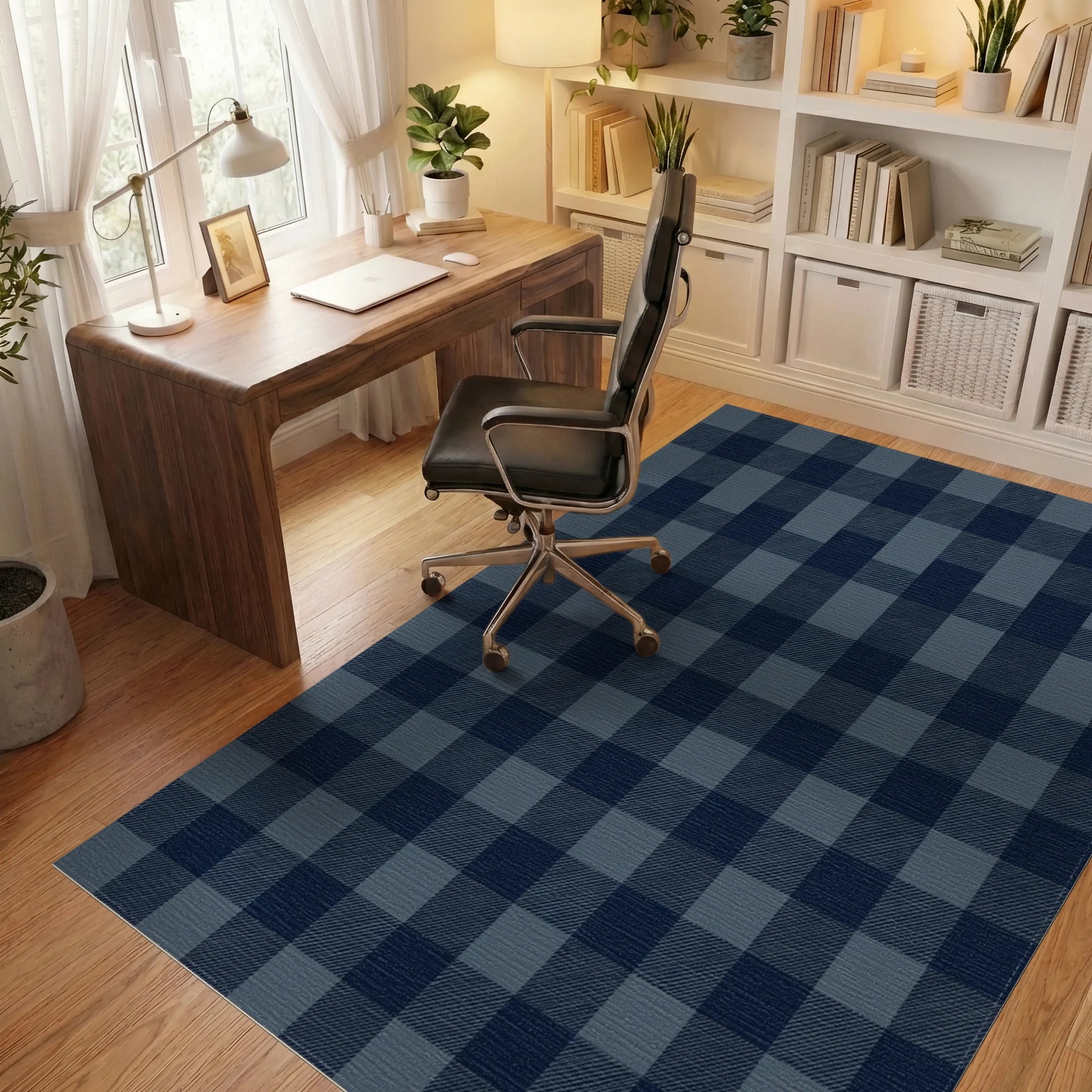 Navy Blue Tonal Plaid Check Rug Office View