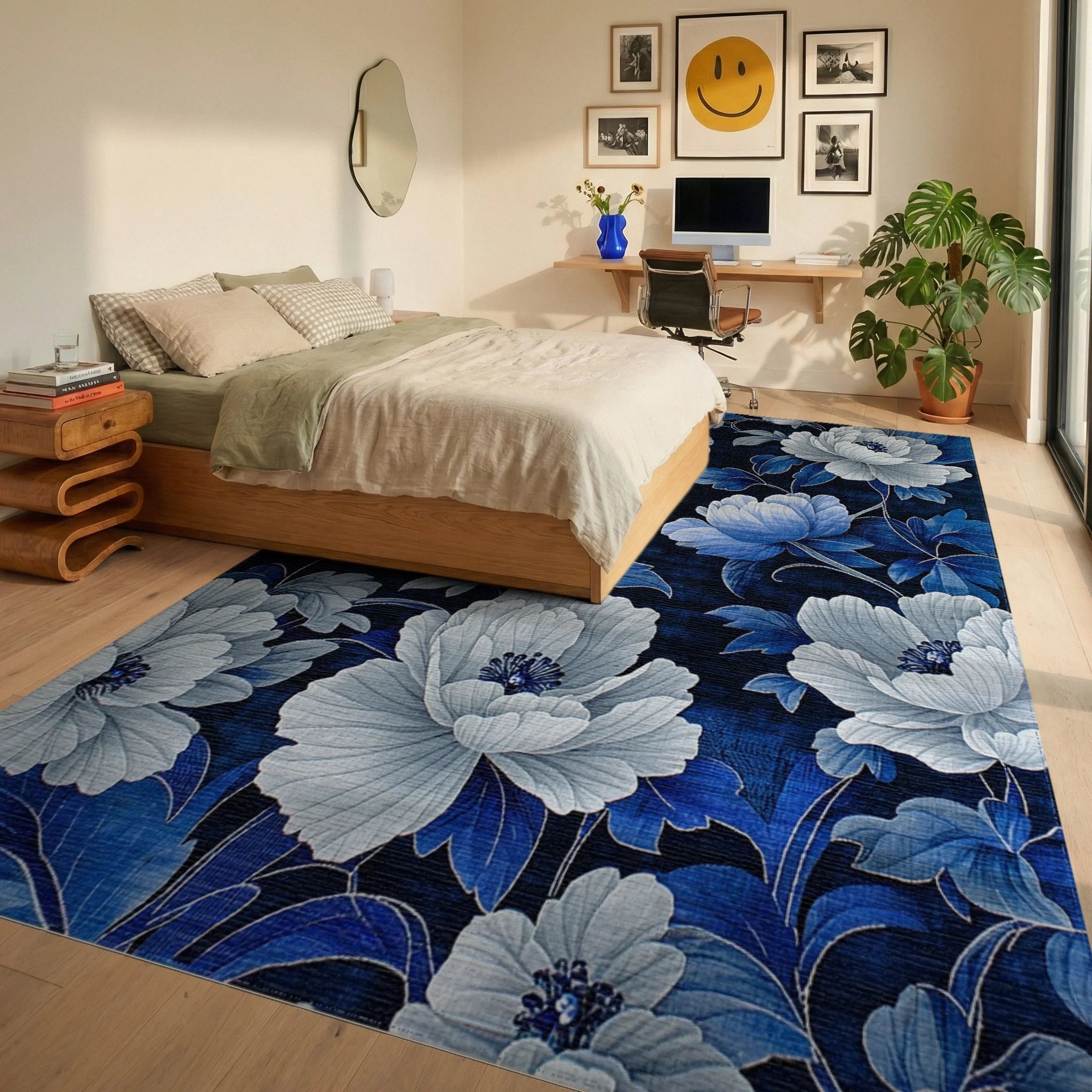 Navy Blue White Floral Garden Rug - Bedroom View