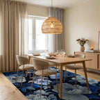 Navy Blue White Floral Garden Rug - Dining Room View