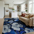 Navy Blue White Floral Garden Rug - Living Room View