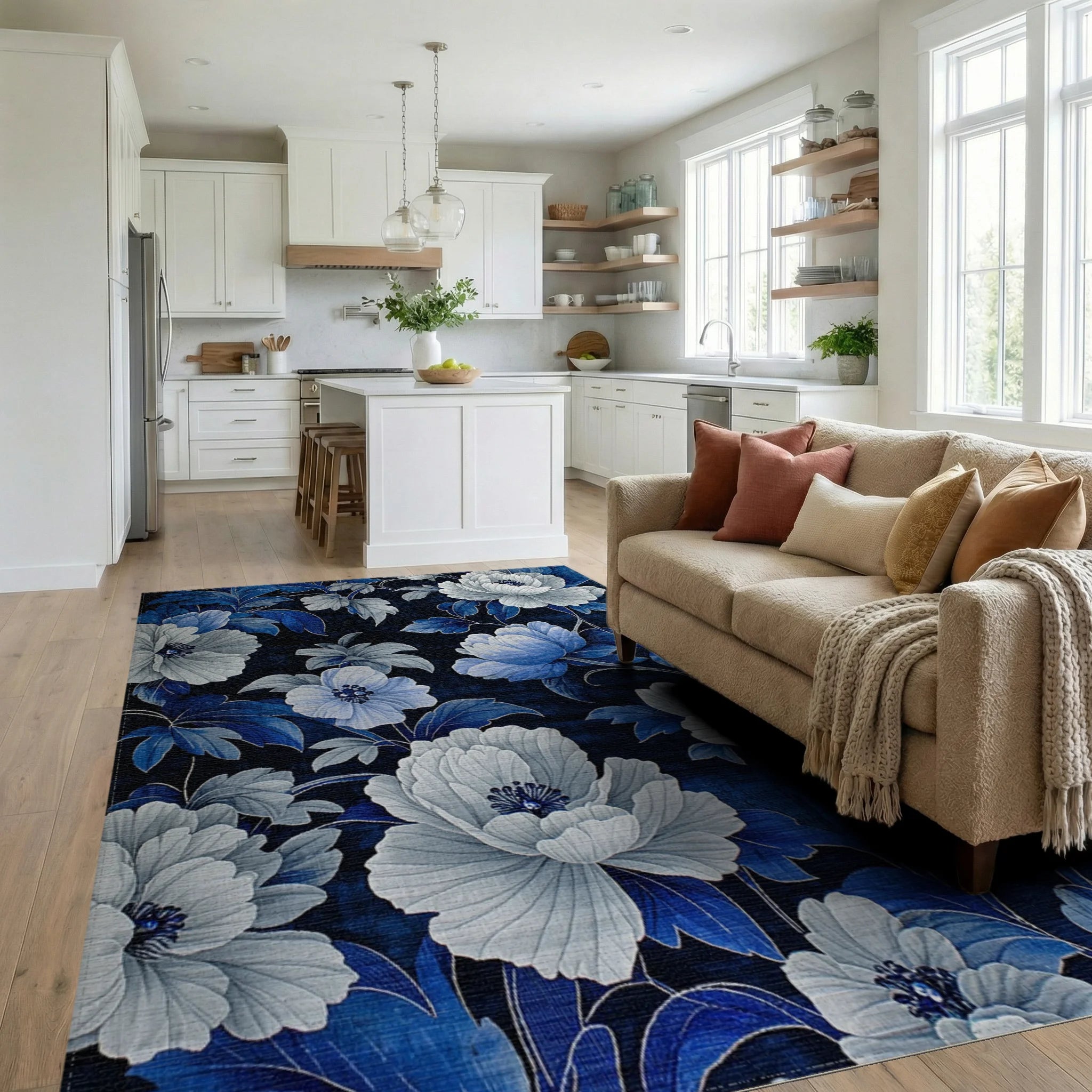 Navy Blue White Floral Garden Rug - Living Room View