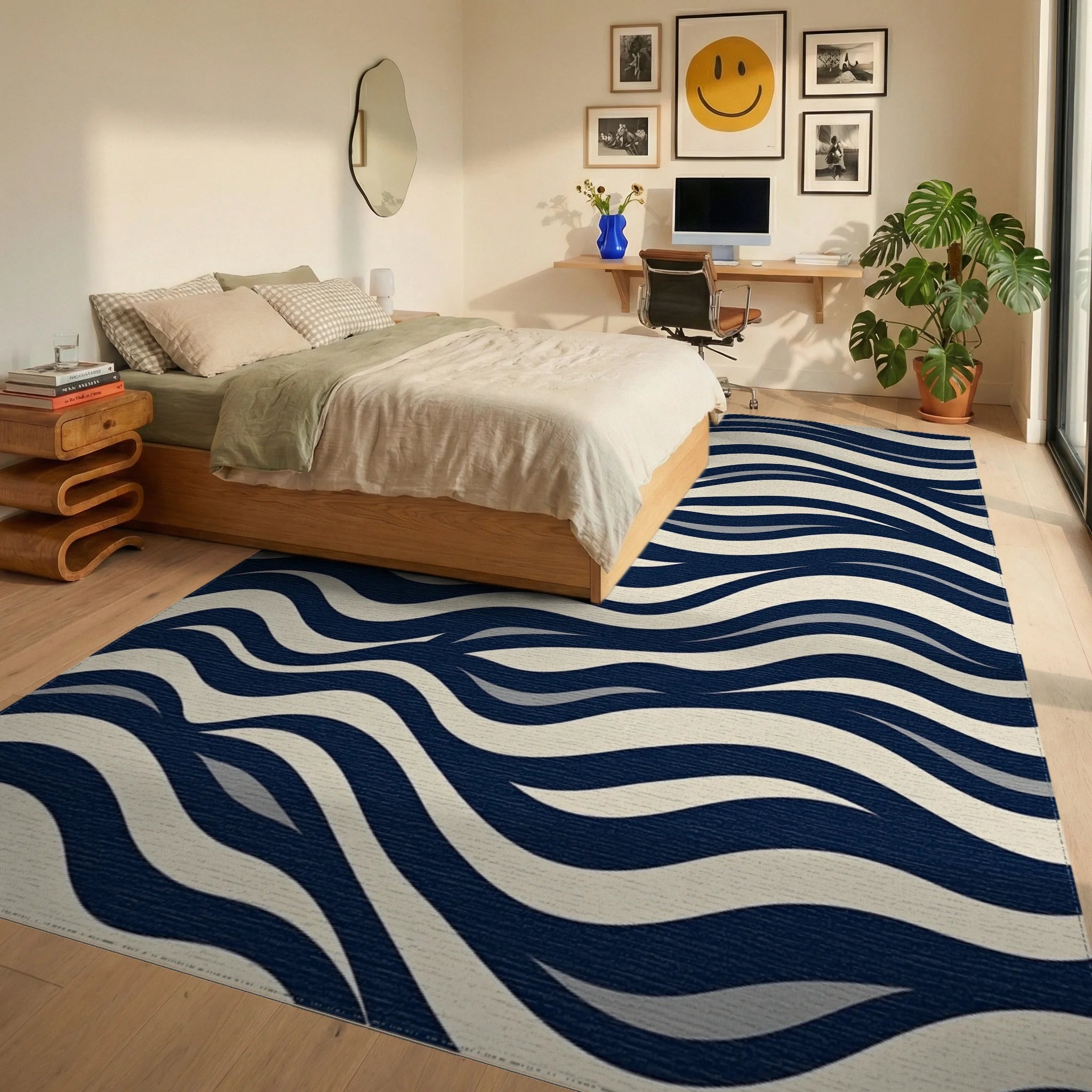 Navy Cream Dynamic Wave Design Rug Bedroom View