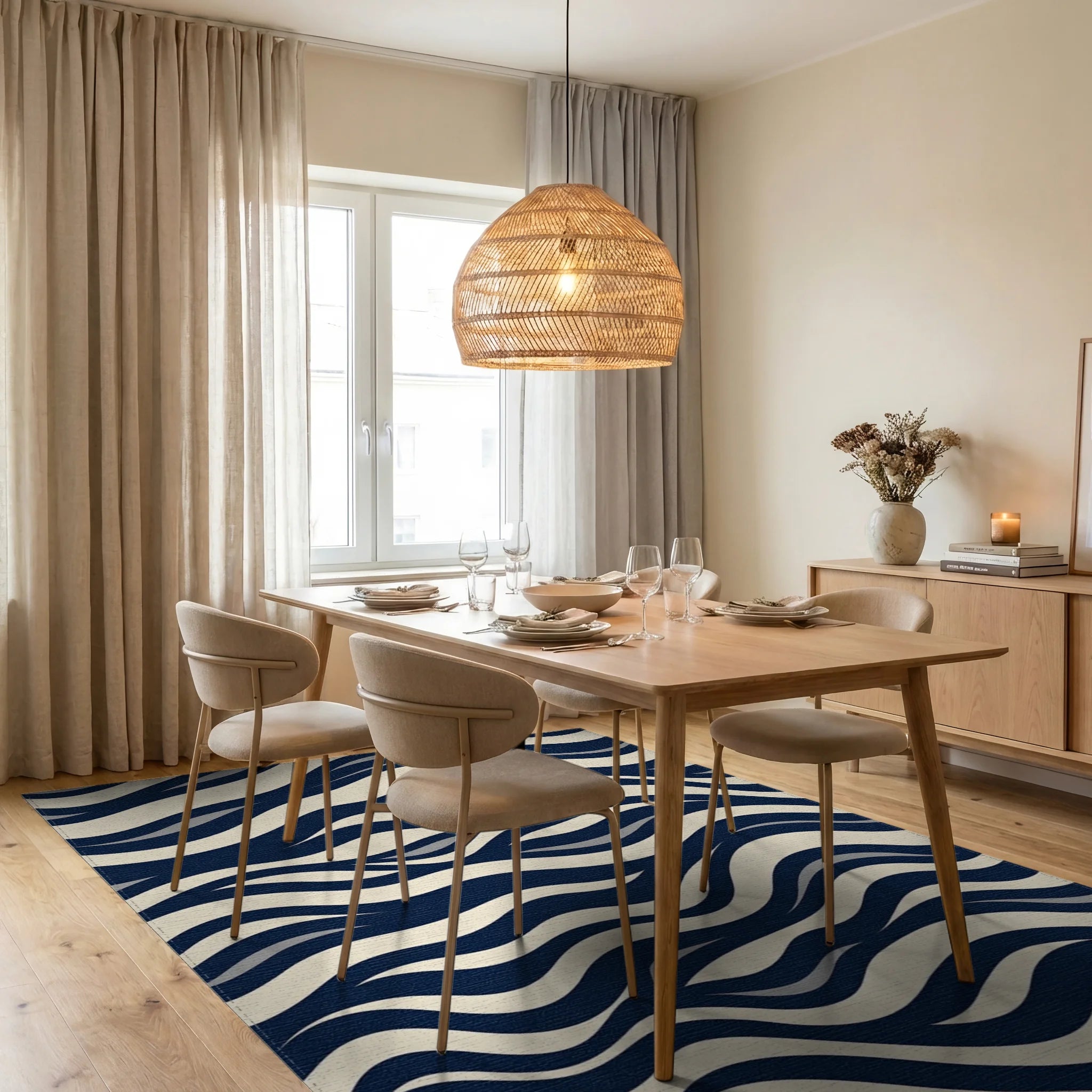 Navy Cream Dynamic Wave Design Rug Dining Room View