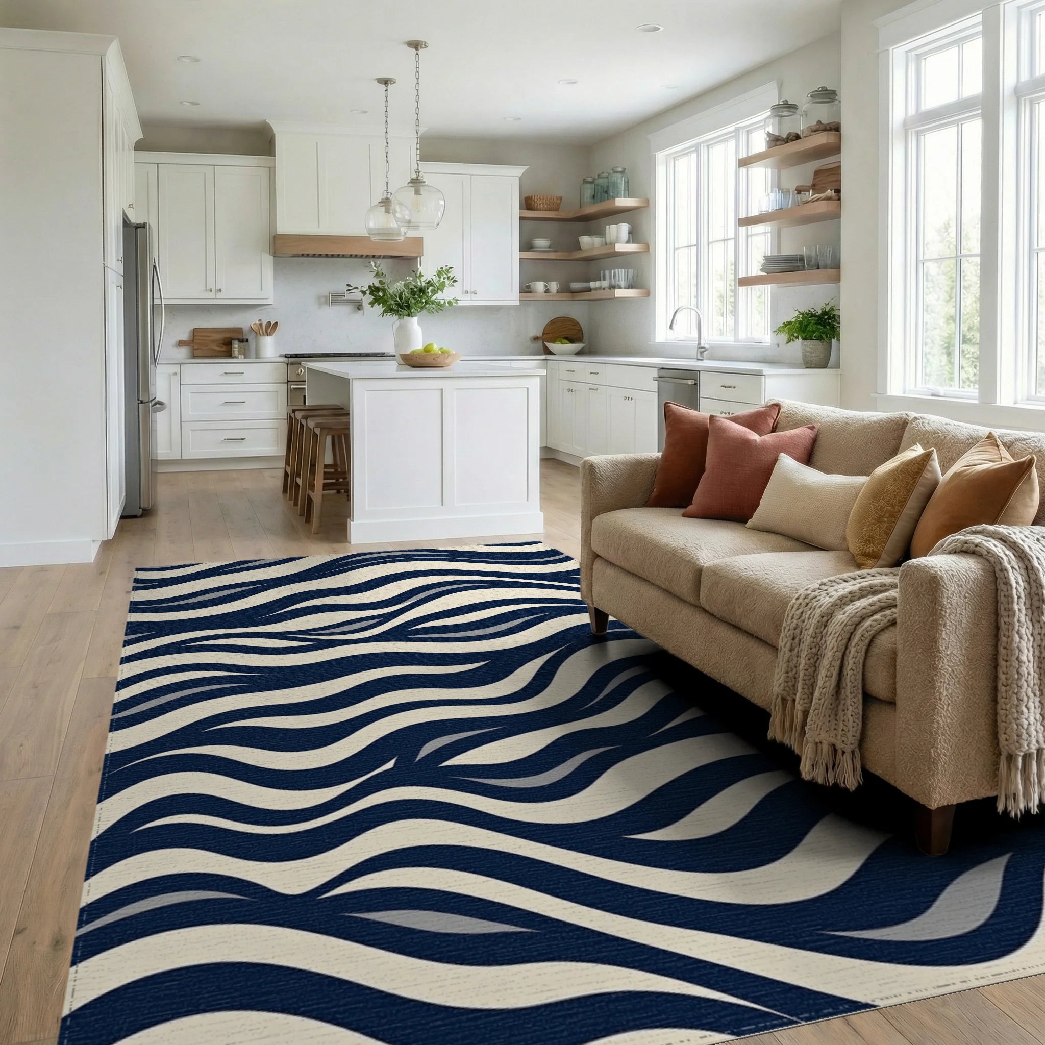 Navy Cream Dynamic Wave Design Rug Living Room View