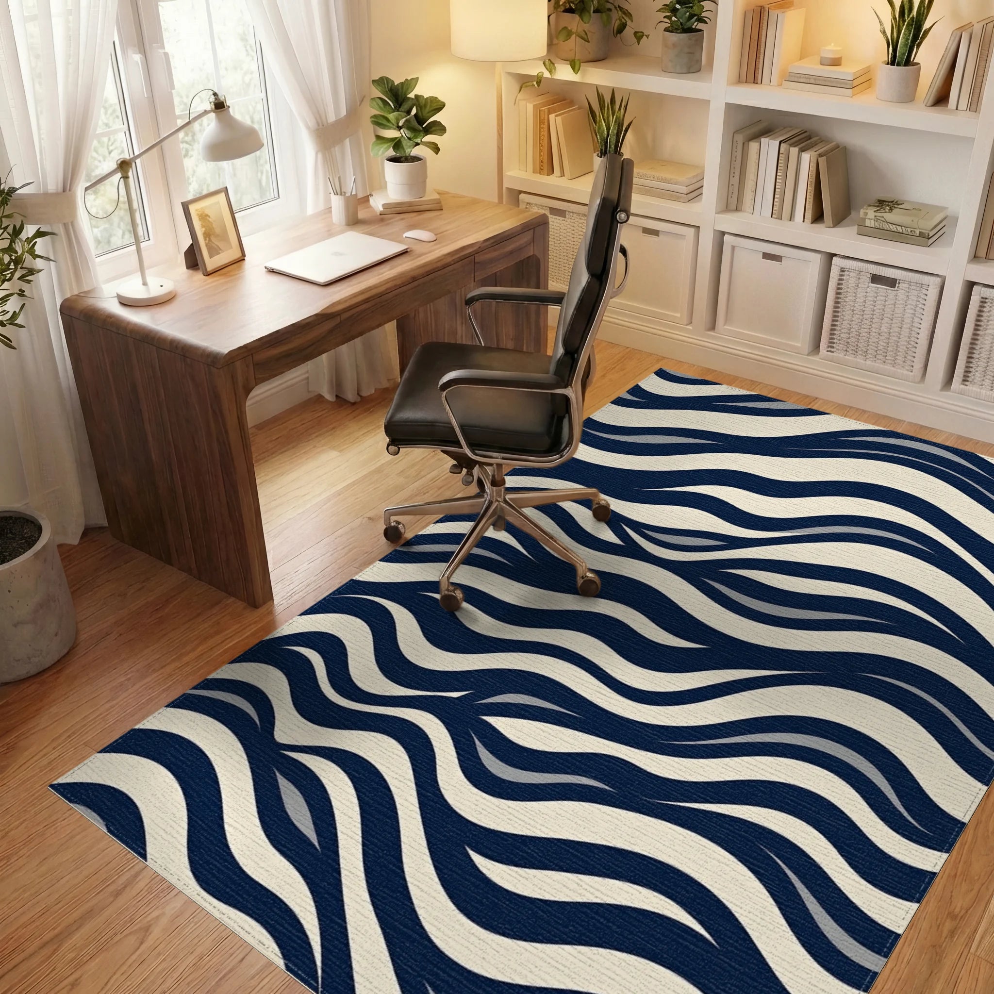 Navy Cream Dynamic Wave Design Rug Office View