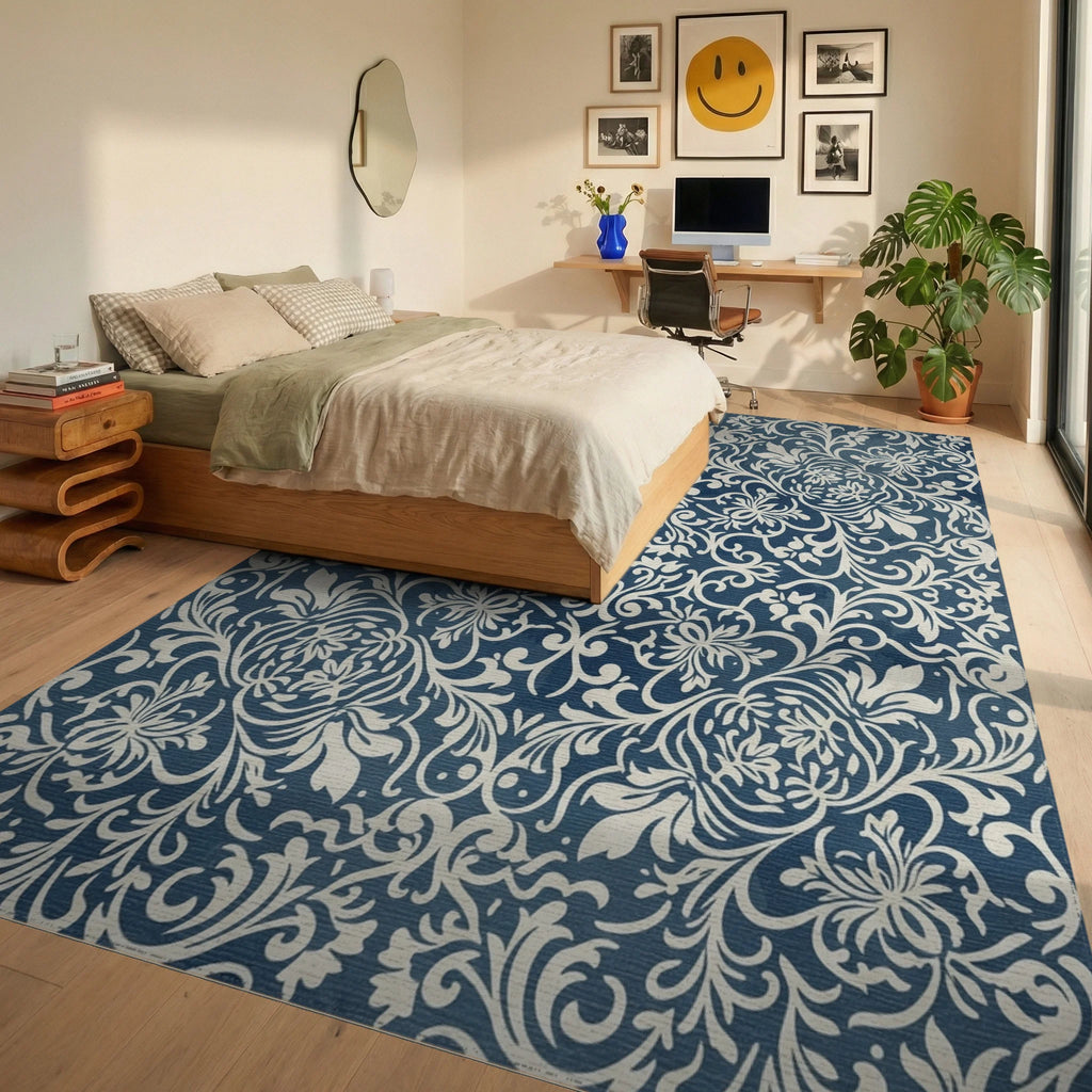 Navy Cream Floral Scroll Rug Bedroom View