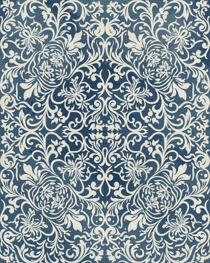 Navy Cream Floral Scroll Rug - Cutout View