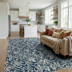 Navy Cream Floral Scroll Rug Living Room View