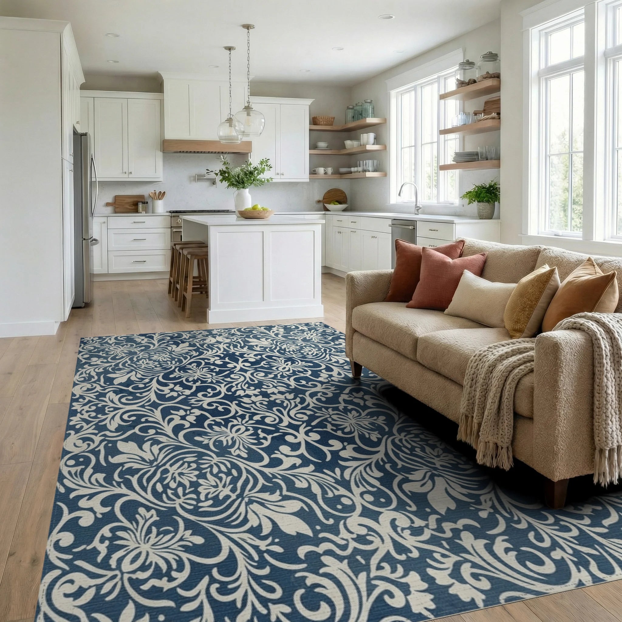 Navy Cream Floral Scroll Rug Living Room View