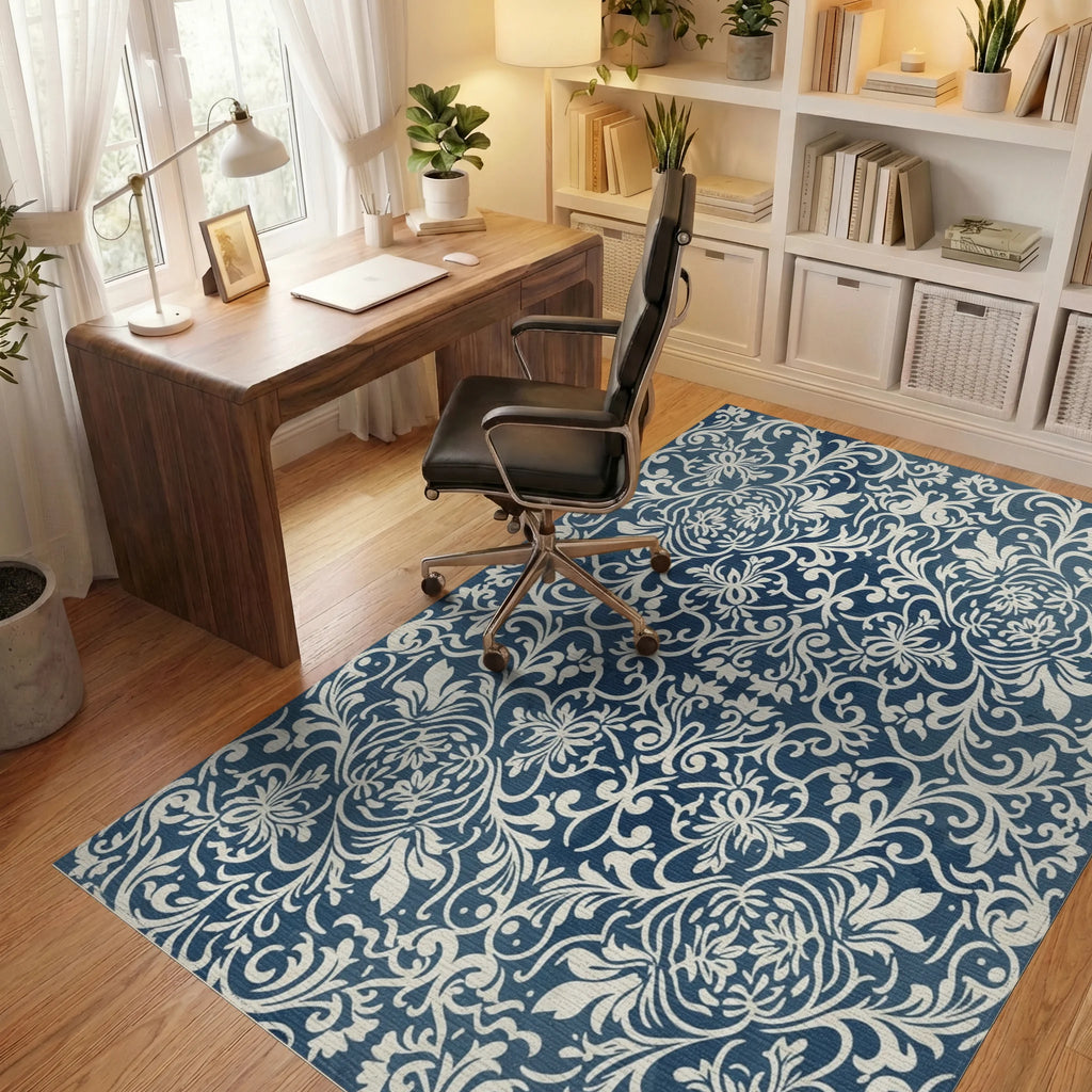 Navy Cream Floral Scroll Rug Office View