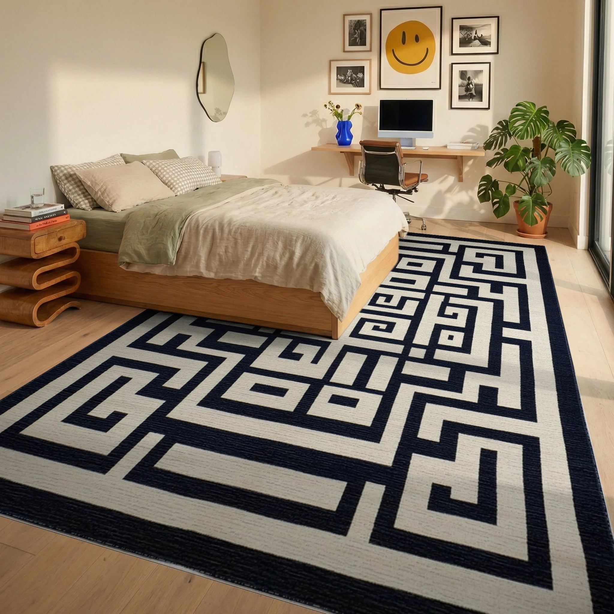 Navy Cream Geometric Labyrinth Rug - Bedroom View