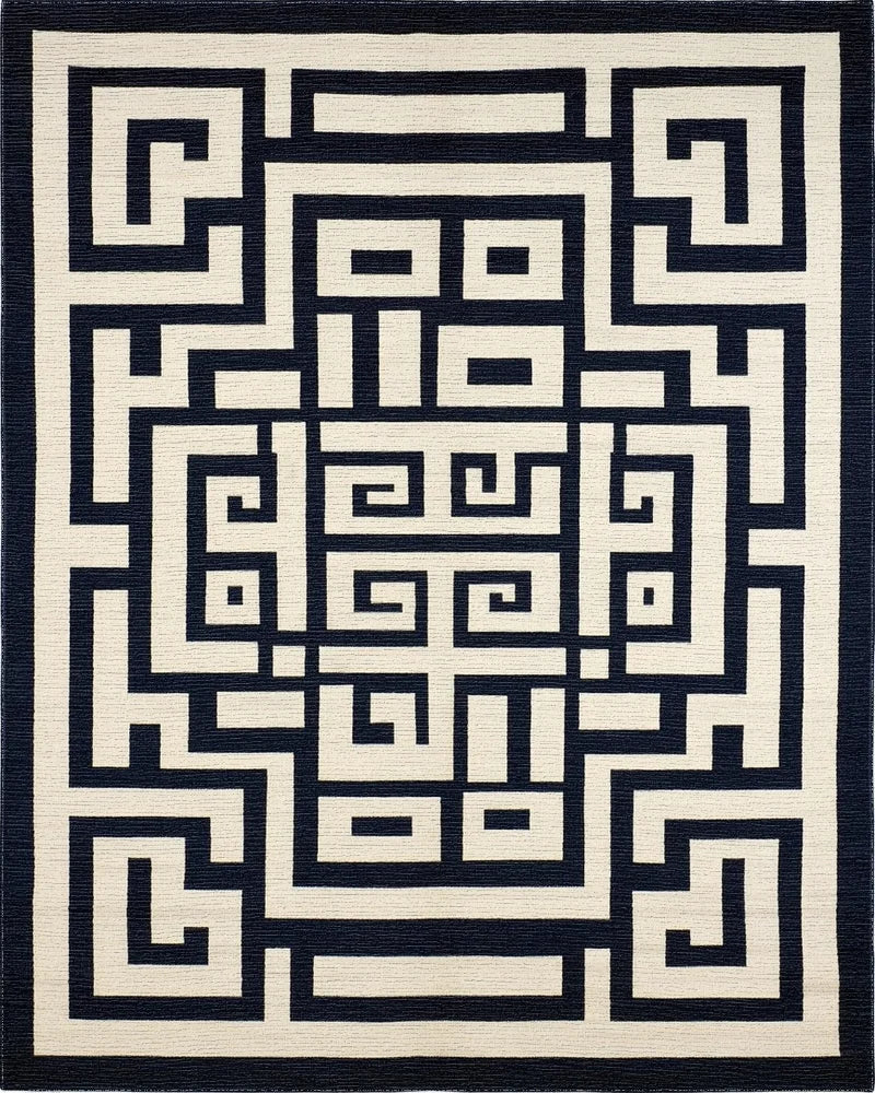 Navy Cream Geometric Labyrinth Rug - Cutout View