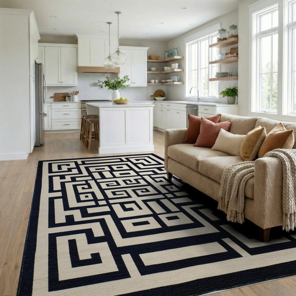 Navy Cream Geometric Labyrinth Rug - Living Room View