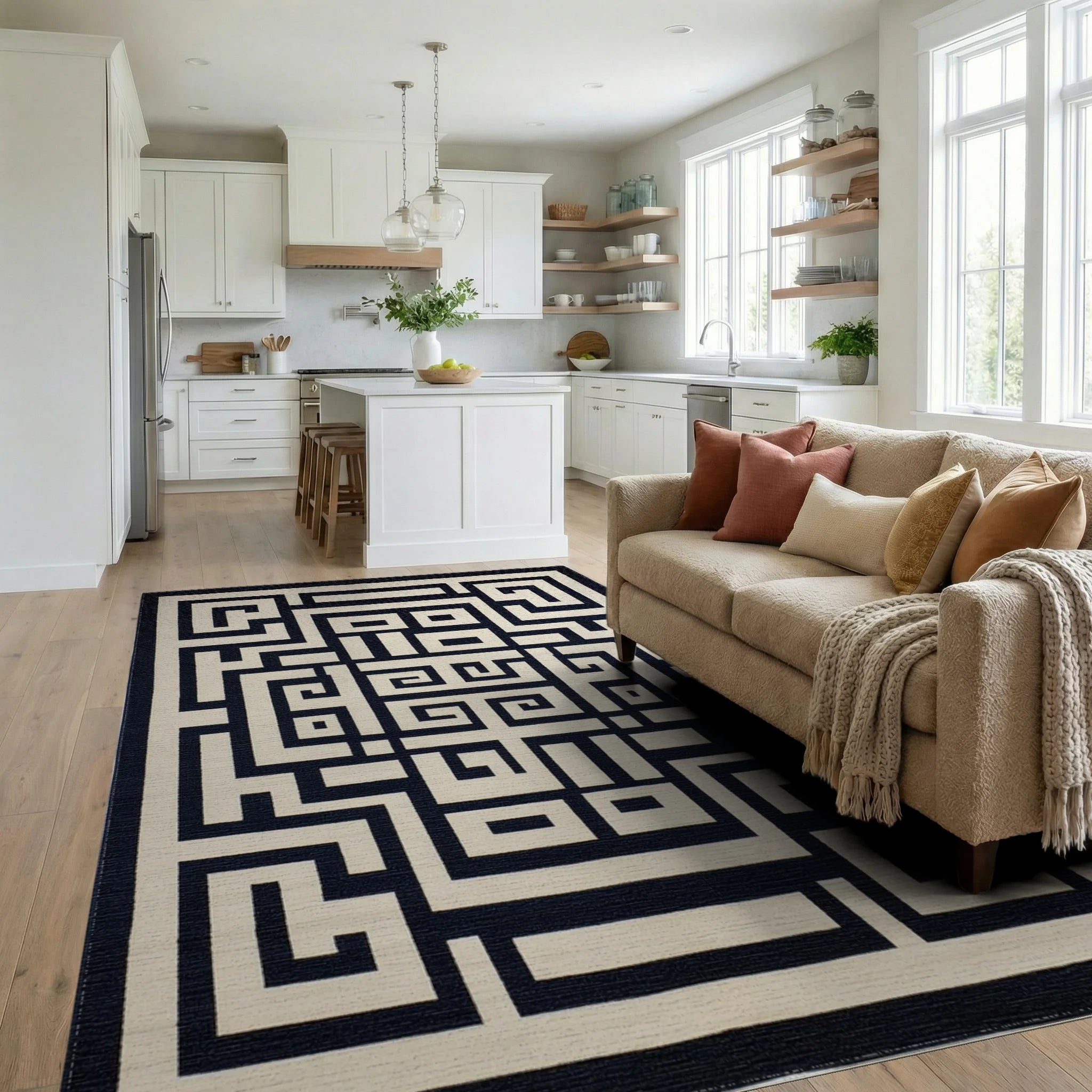 Navy Cream Geometric Labyrinth Rug - Living Room View