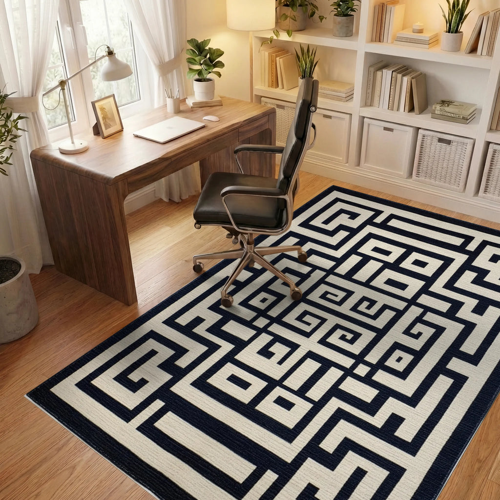 Navy Cream Geometric Labyrinth Rug - Office View