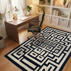 Navy Cream Geometric Labyrinth Rug - Office View