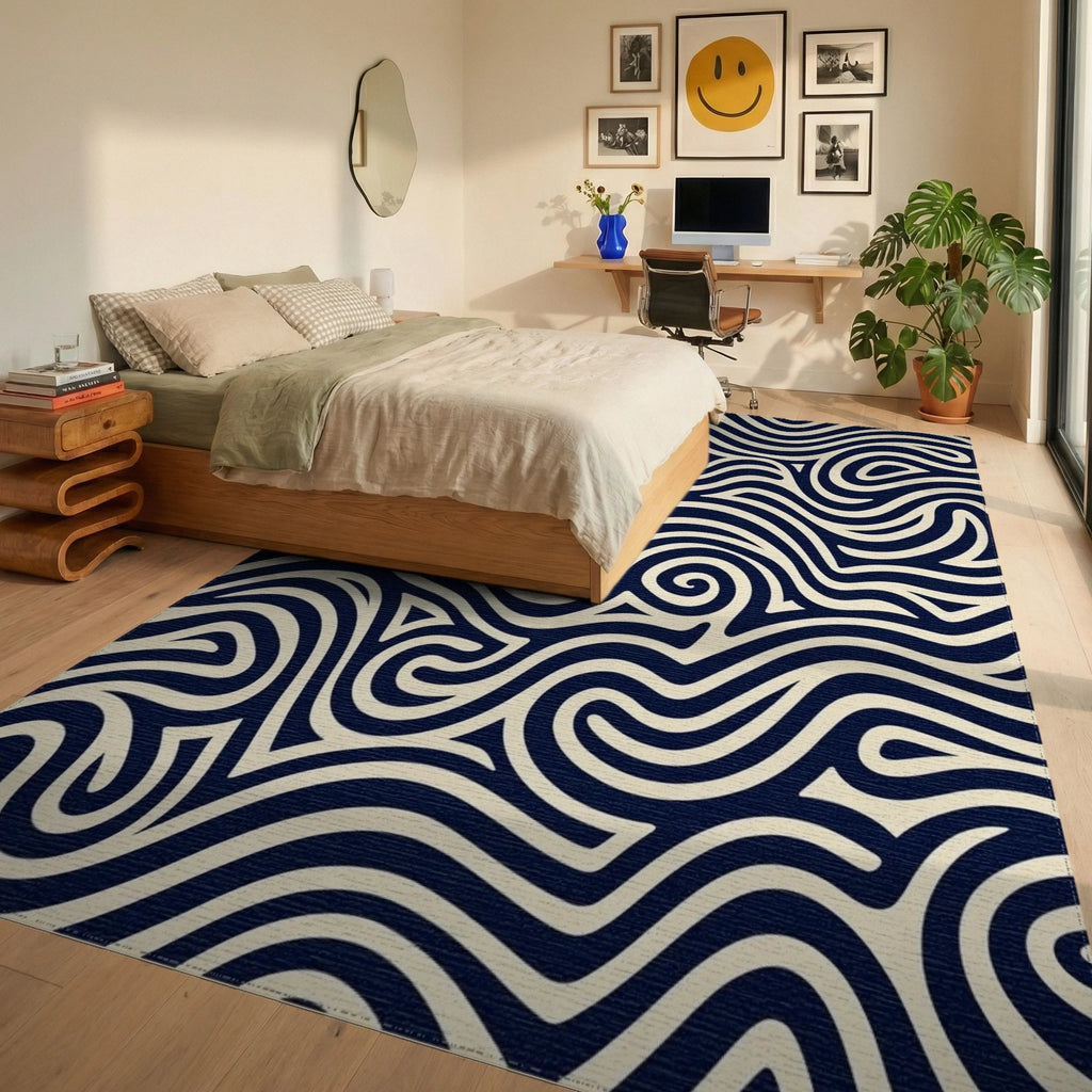 Navy Cream Swirling Waves Rug Bedroom View