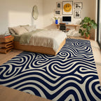 Navy Cream Swirling Waves Rug Bedroom View