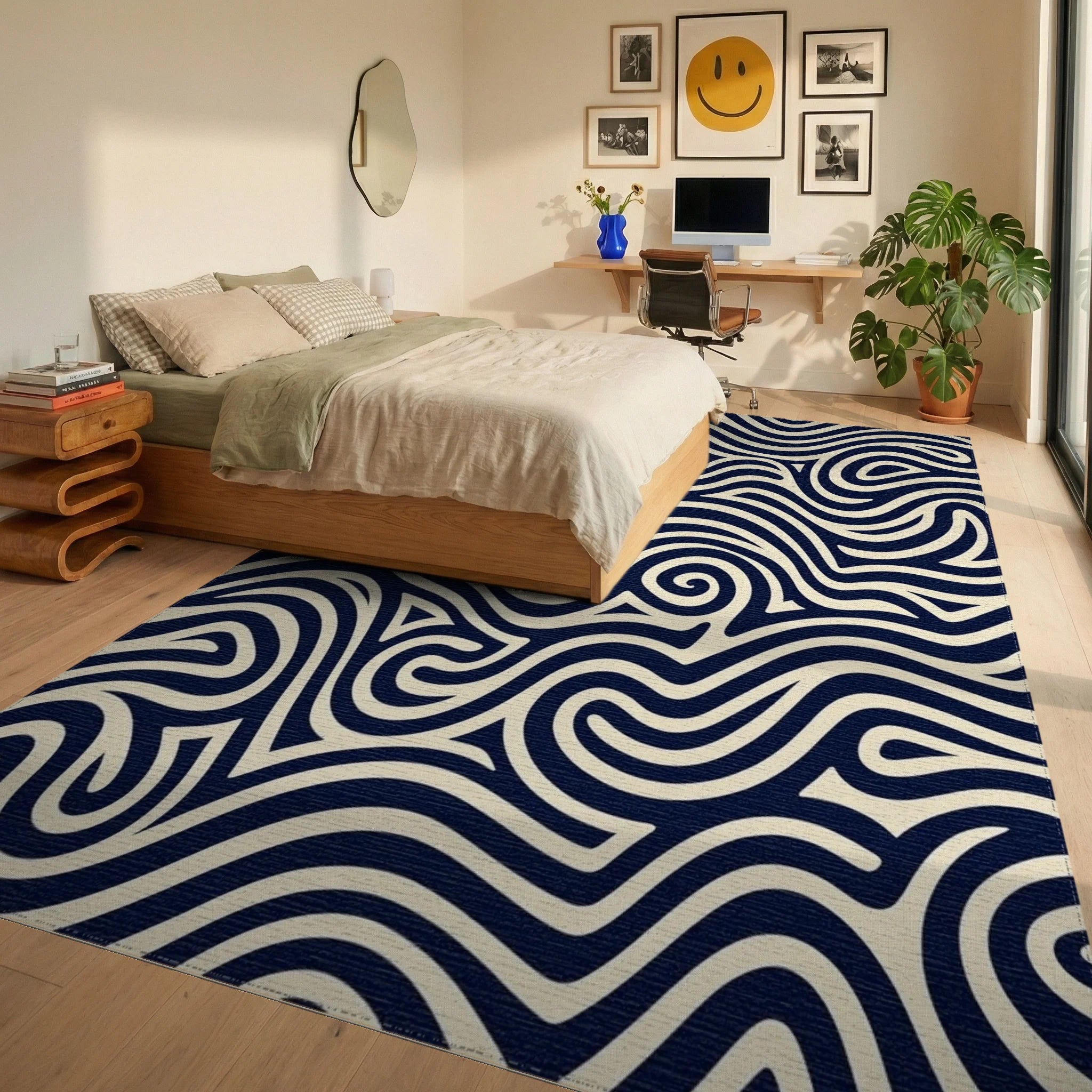 Navy Cream Swirling Waves Rug Bedroom View