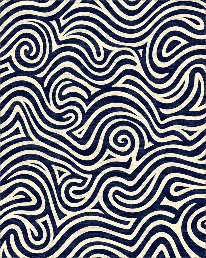 Navy Cream Swirling Waves Rug - Cutout View