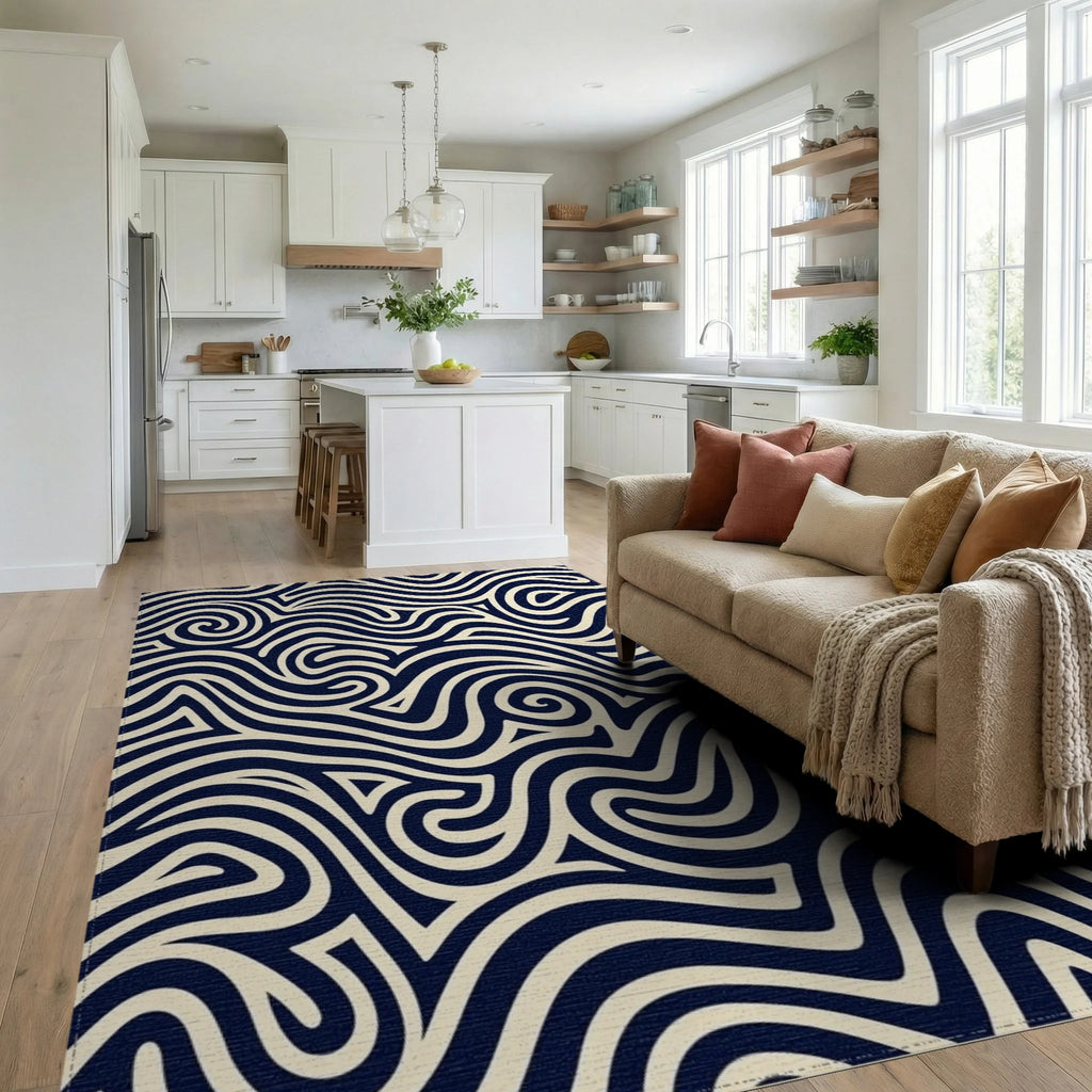 Navy Cream Swirling Waves Rug Living Room View