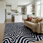 Navy Cream Swirling Waves Rug Living Room View