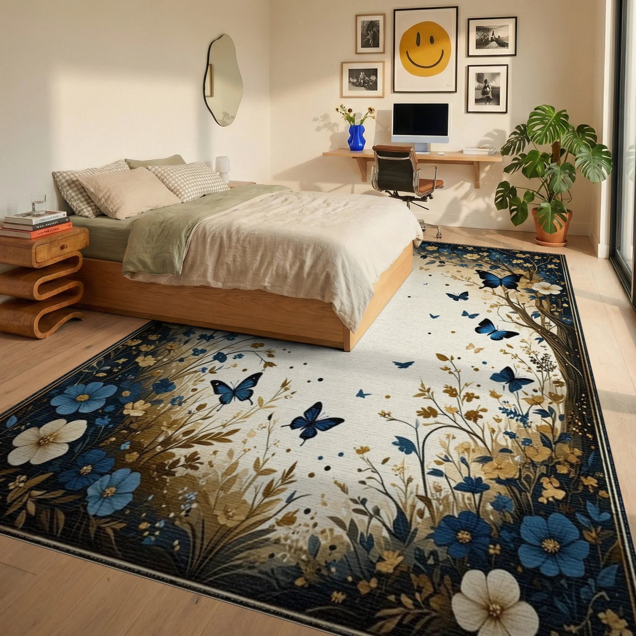 Navy Gold Butterfly Floral Rug - Bedroom View