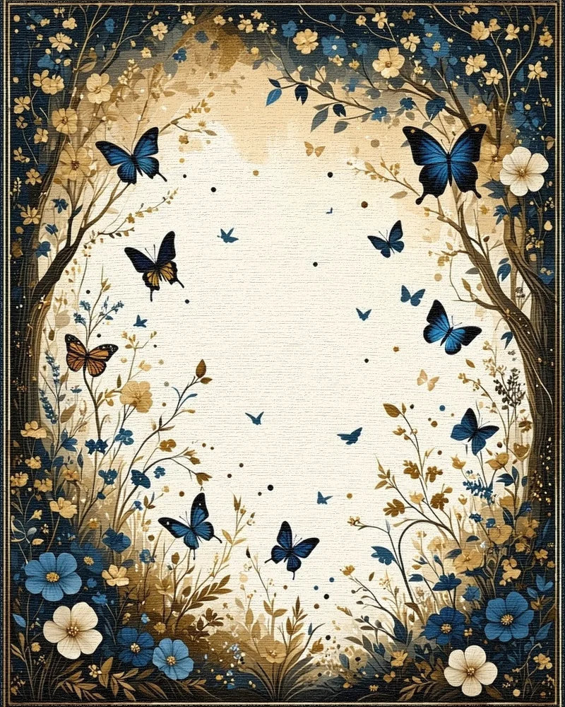 Navy Gold Butterfly Floral Rug - Cutout View