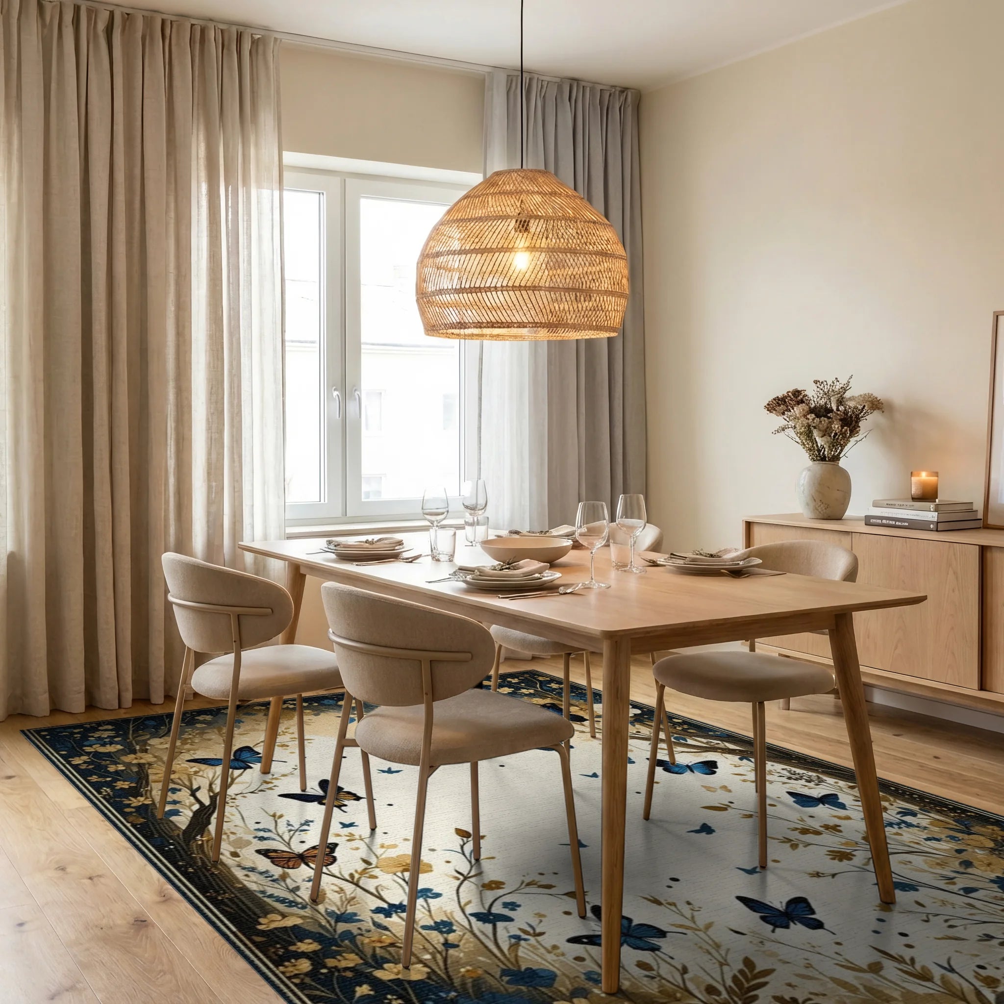 Navy Gold Butterfly Floral Rug - Dining Room View