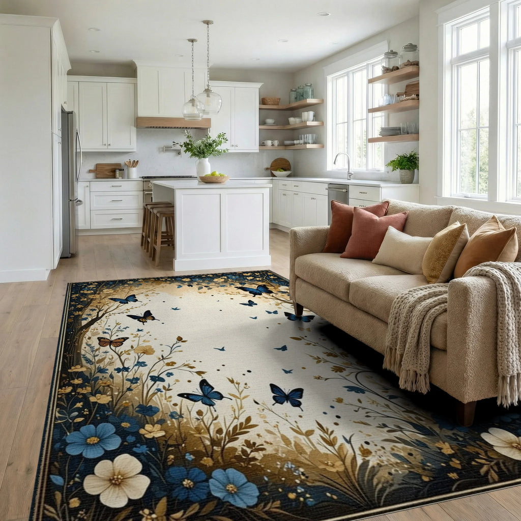Navy Gold Butterfly Floral Rug - Living Room View