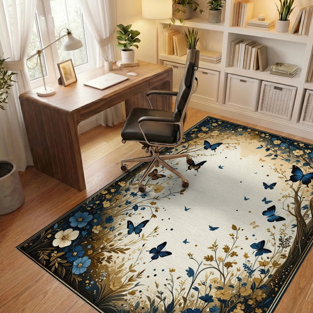 Navy Gold Butterfly Floral Rug - Office View