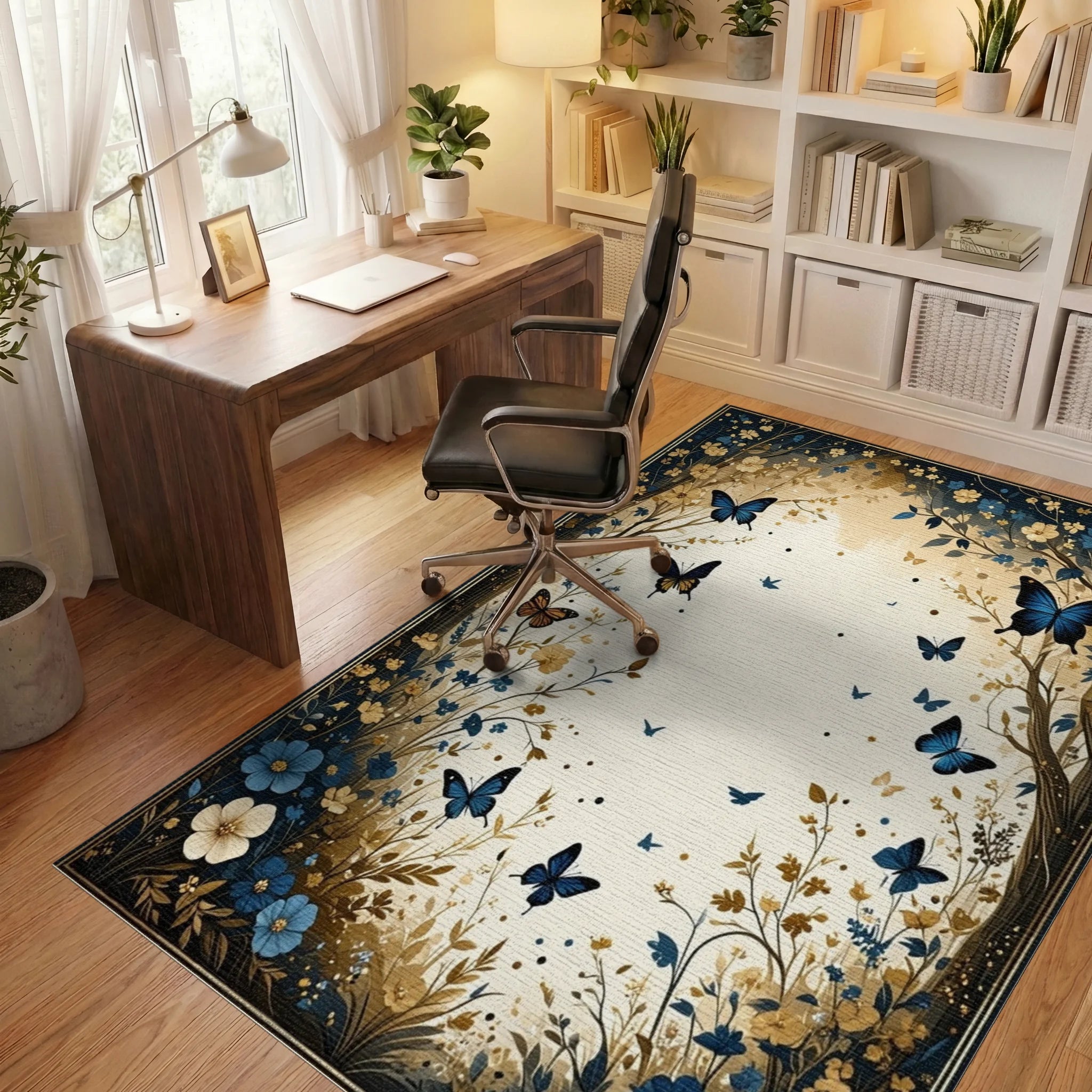 Navy Gold Butterfly Floral Rug - Office View