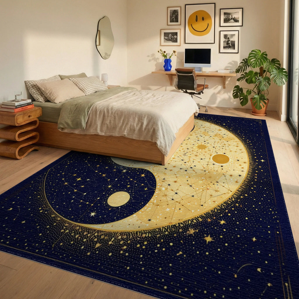 Navy Gold Celestial Yin-Yang Rug - Bedroom View