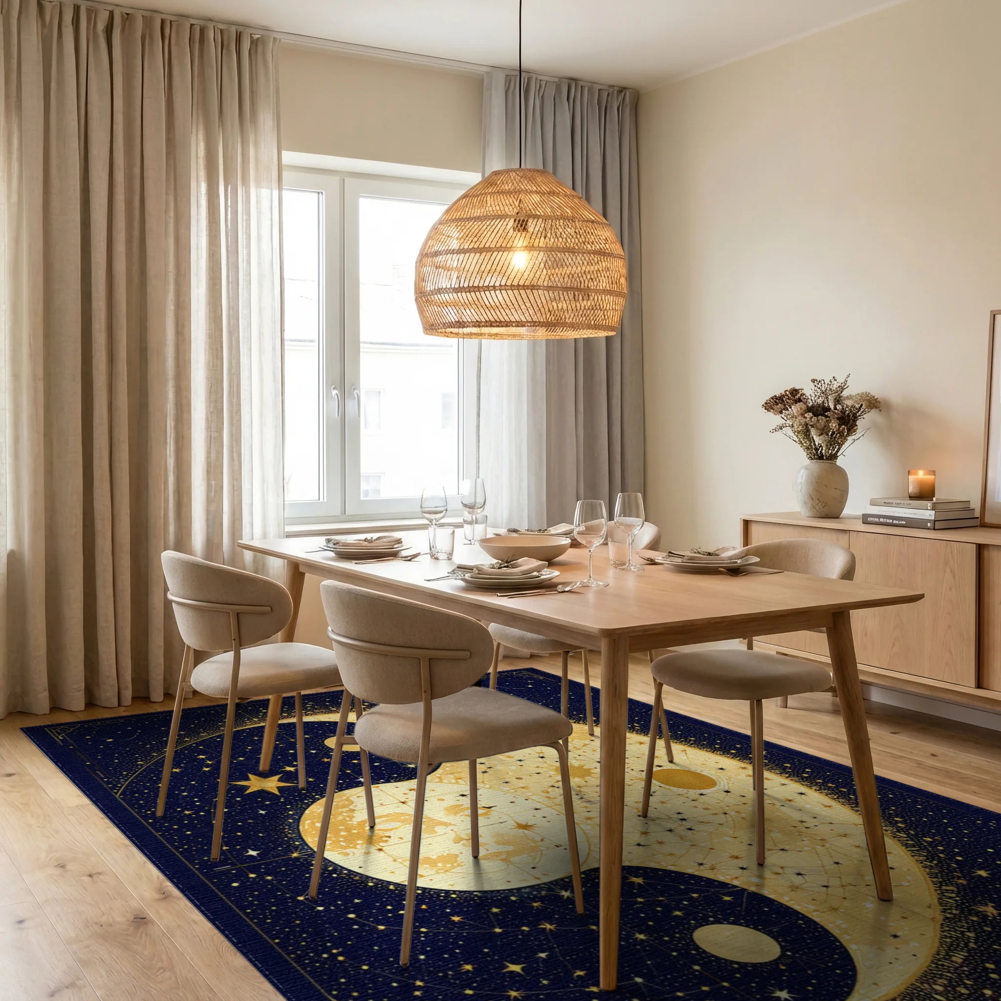 Navy Gold Celestial Yin-Yang Rug - Dining Room View