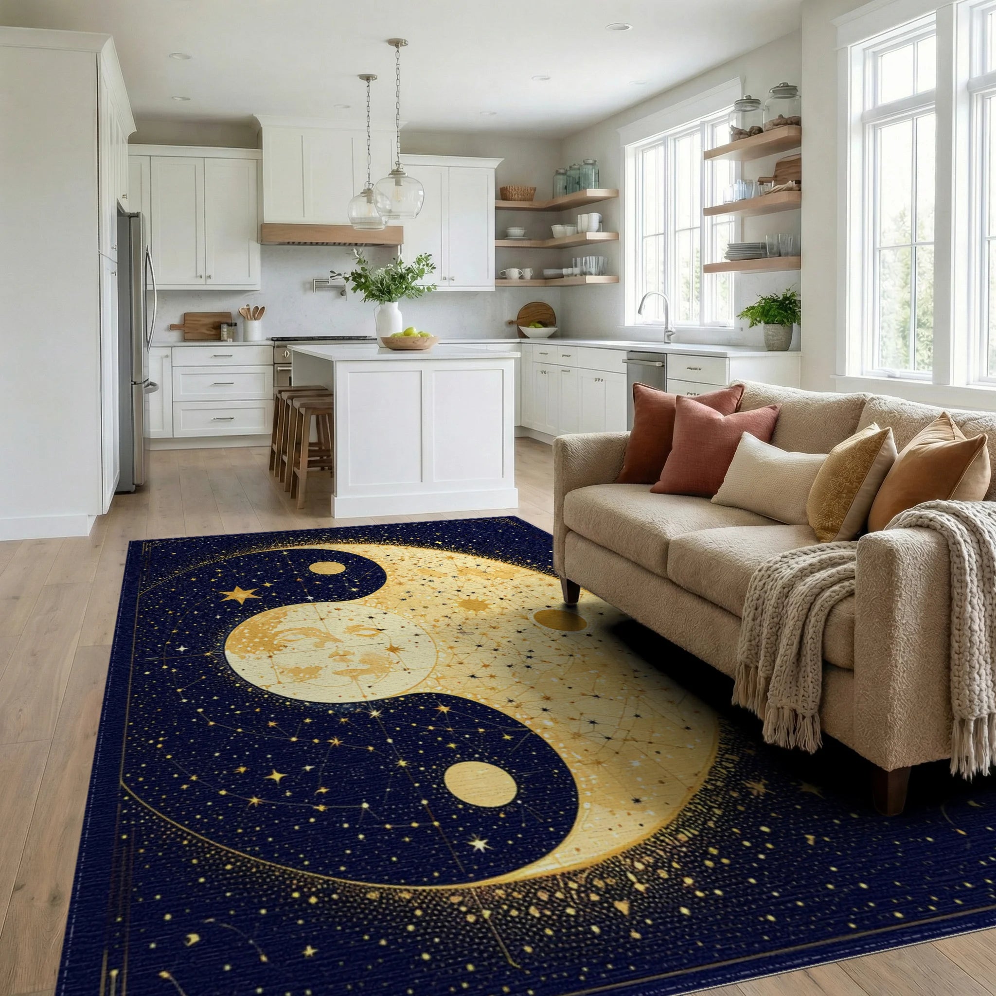 Navy Gold Celestial Yin-Yang Rug - Living Room View