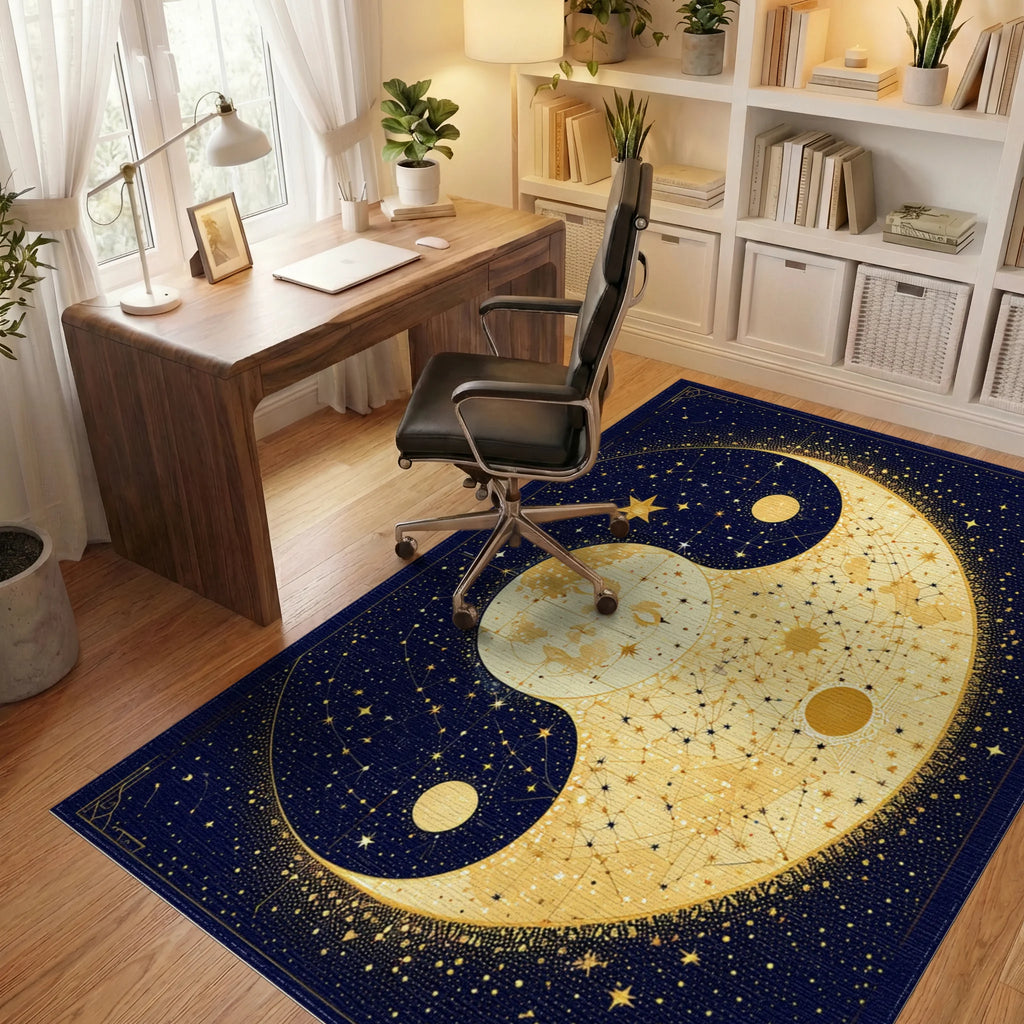 Navy Gold Celestial Yin-Yang Rug - Office View