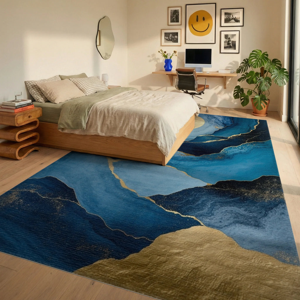 Navy Gold Fluid Moon Waves Rug - Bedroom View