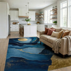 Navy Gold Fluid Moon Waves Rug - Living Room View
