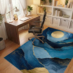 Navy Gold Fluid Moon Waves Rug - Office View