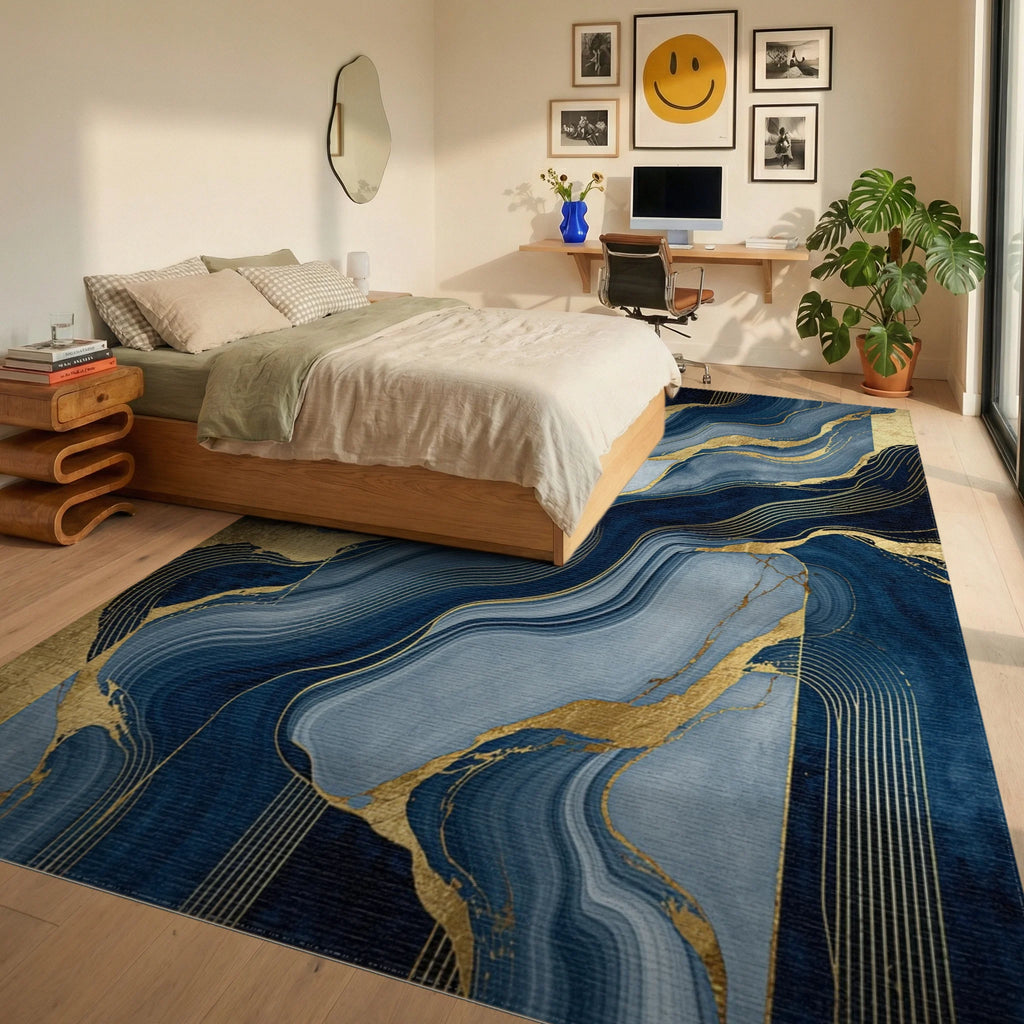 Navy Gold Fluid Wave Rug Bedroom View