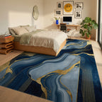 Navy Gold Fluid Wave Rug Bedroom View
