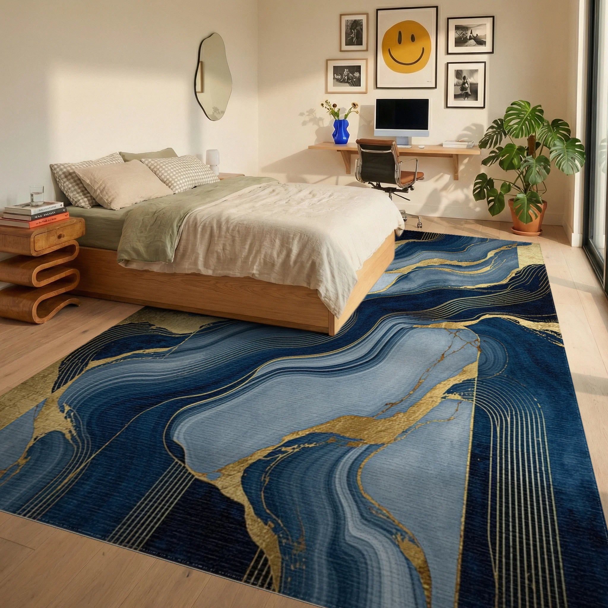 Navy Gold Fluid Wave Rug Bedroom View
