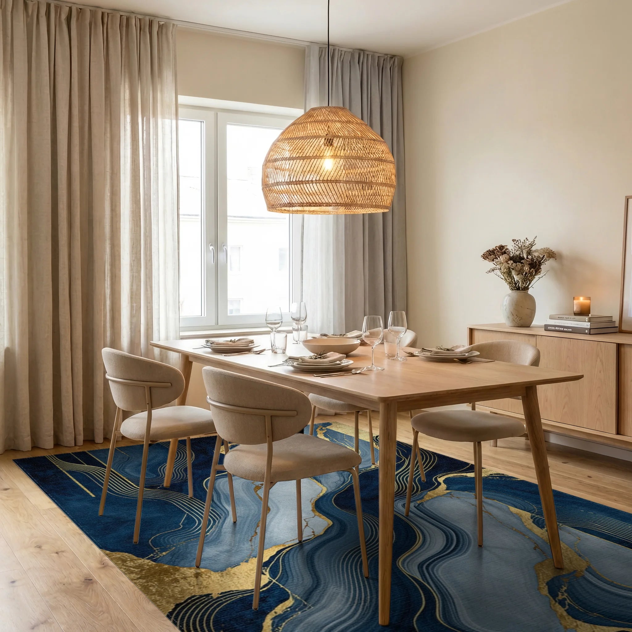 Navy Gold Fluid Wave Rug Dining Room View