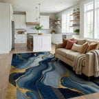 Navy Gold Fluid Wave Rug Living Room View